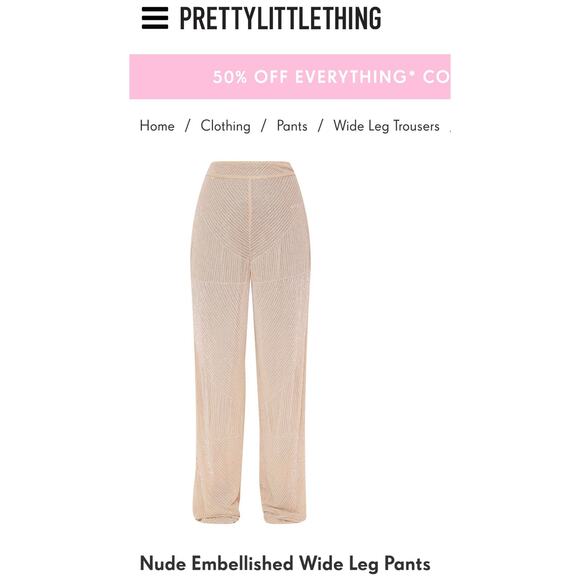 Pretty Little Thing Nude Bead Embellished Wide Leg Trouser Pants Size 6 - Picture 14 of 14